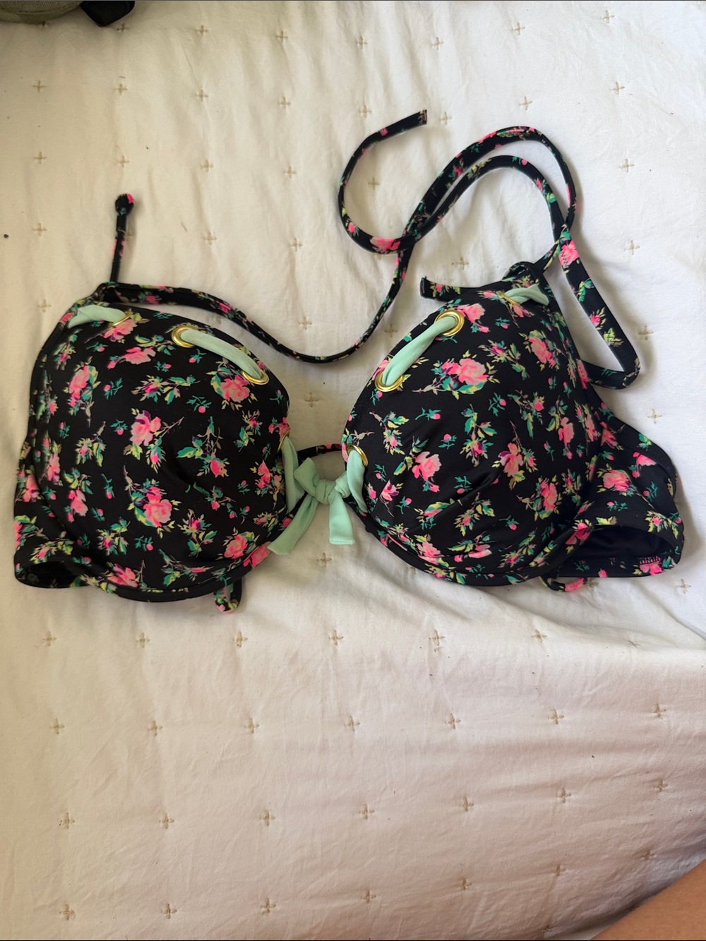 Floral Push-Up Bikini Top in Black and Pink